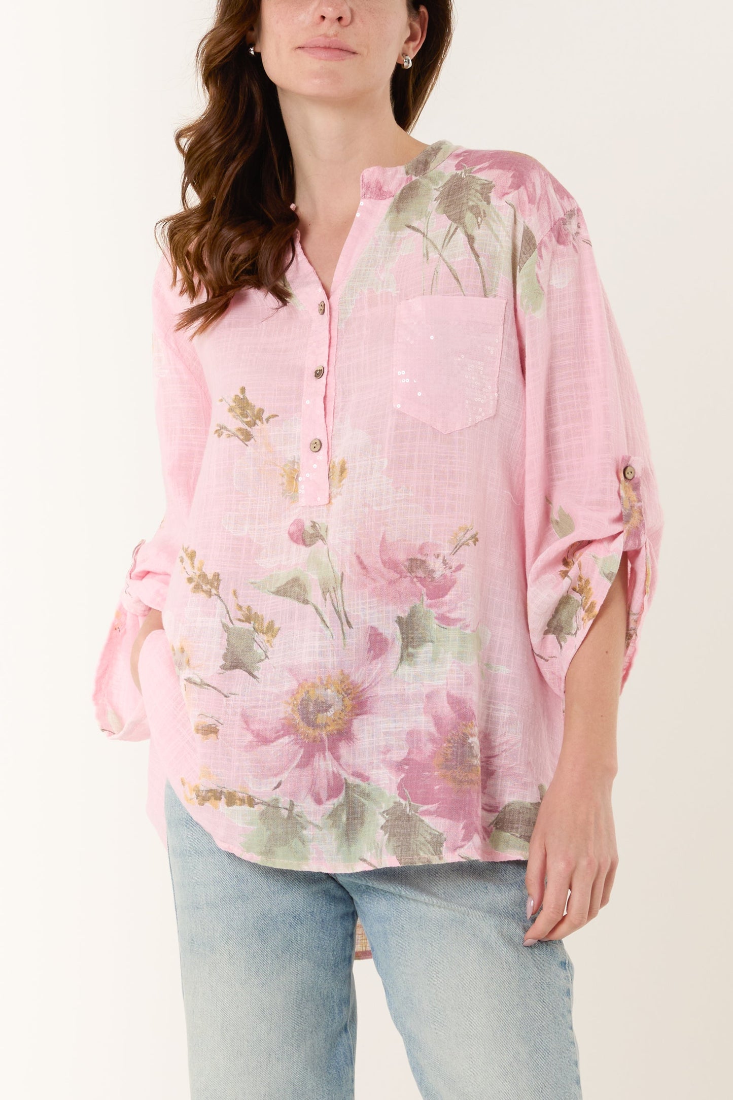 Floral Sequin Pocket Cotton Blouse