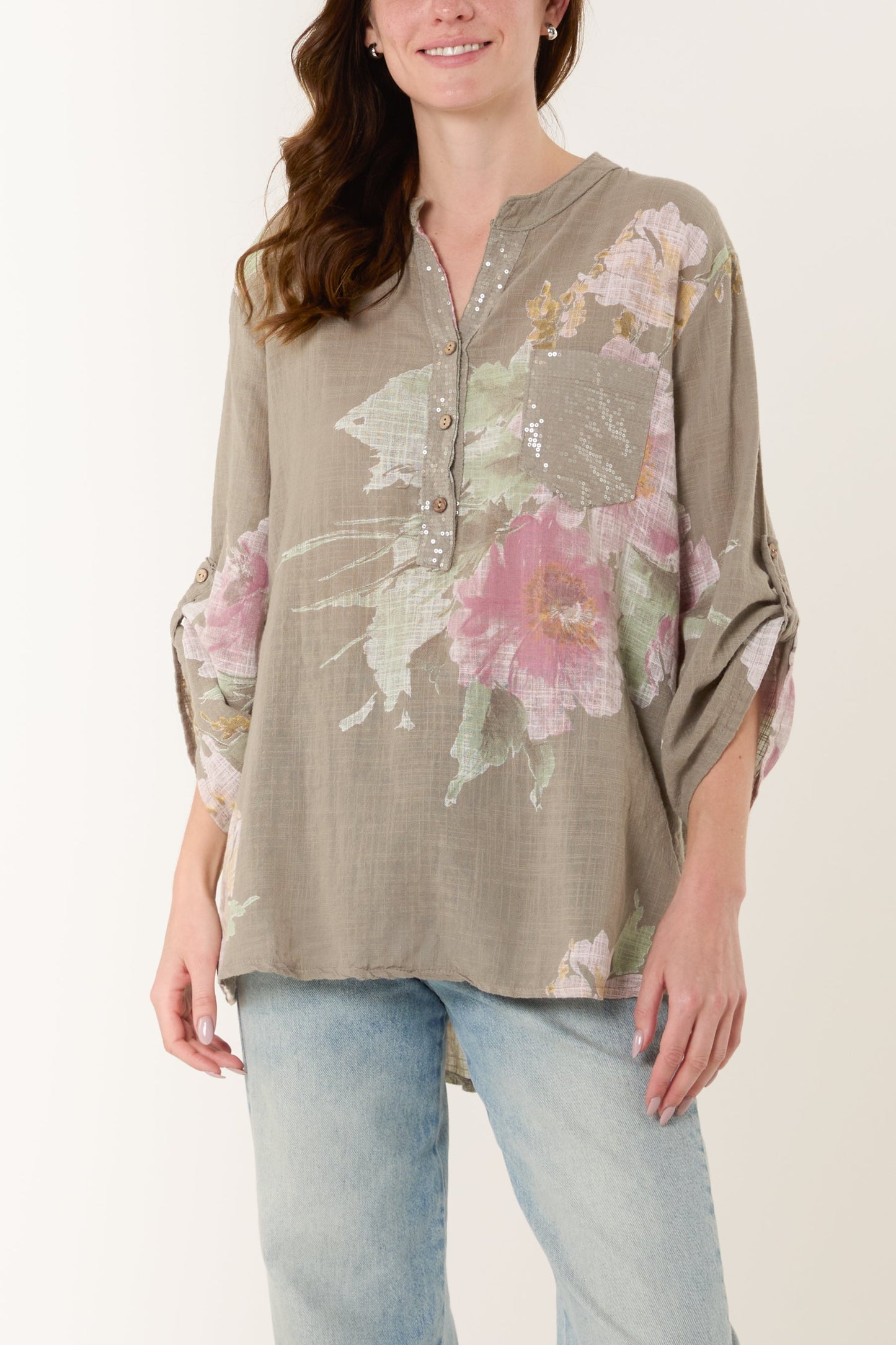Floral Sequin Pocket Cotton Blouse