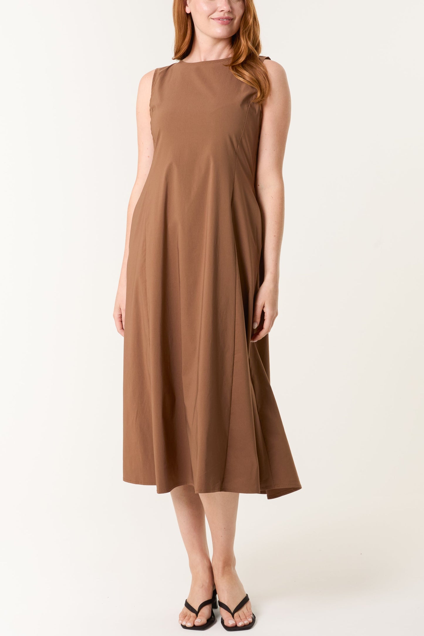 Sleeveless Stretch Pockets Midi Dress