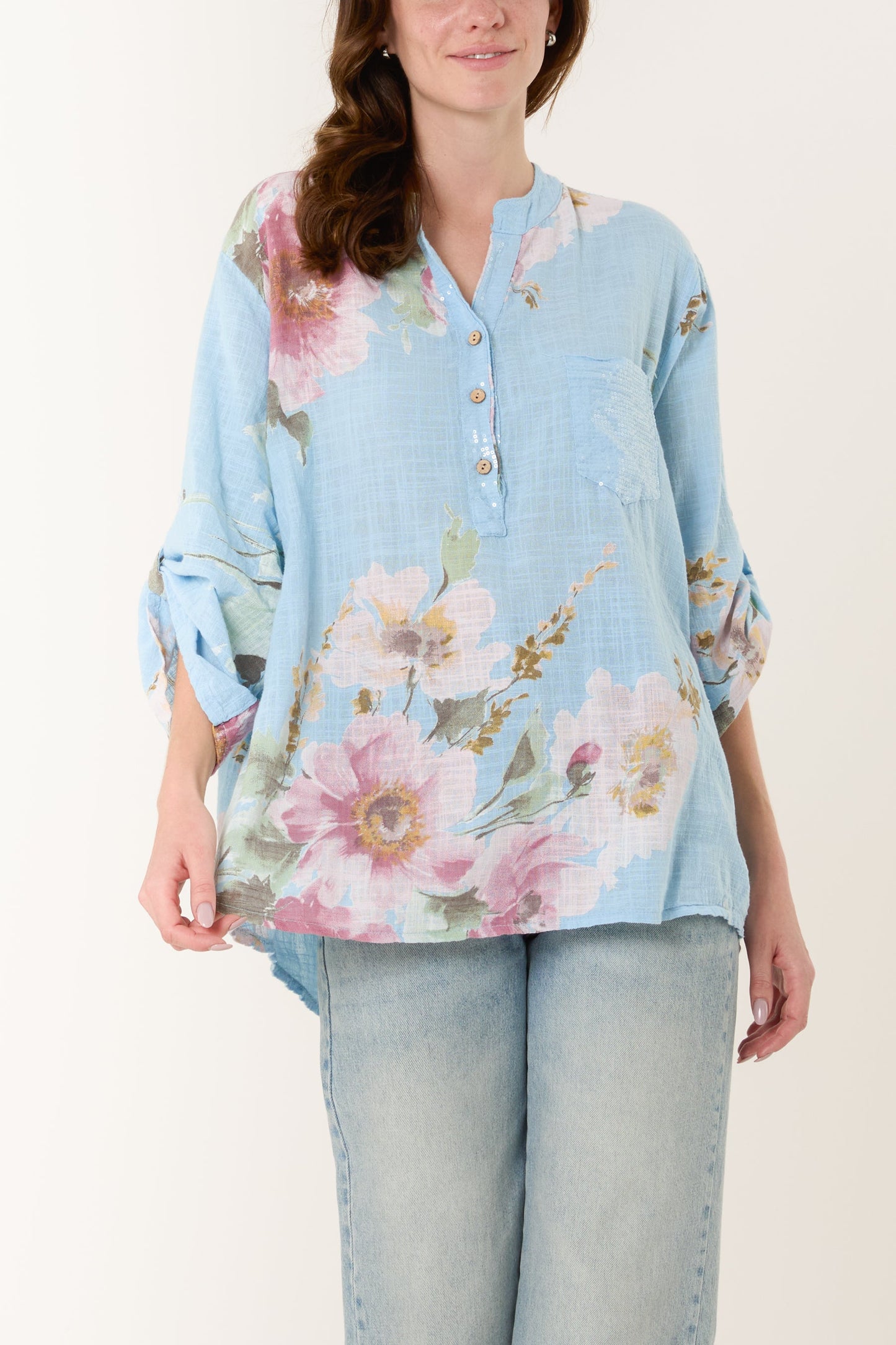 Floral Sequin Pocket Cotton Blouse