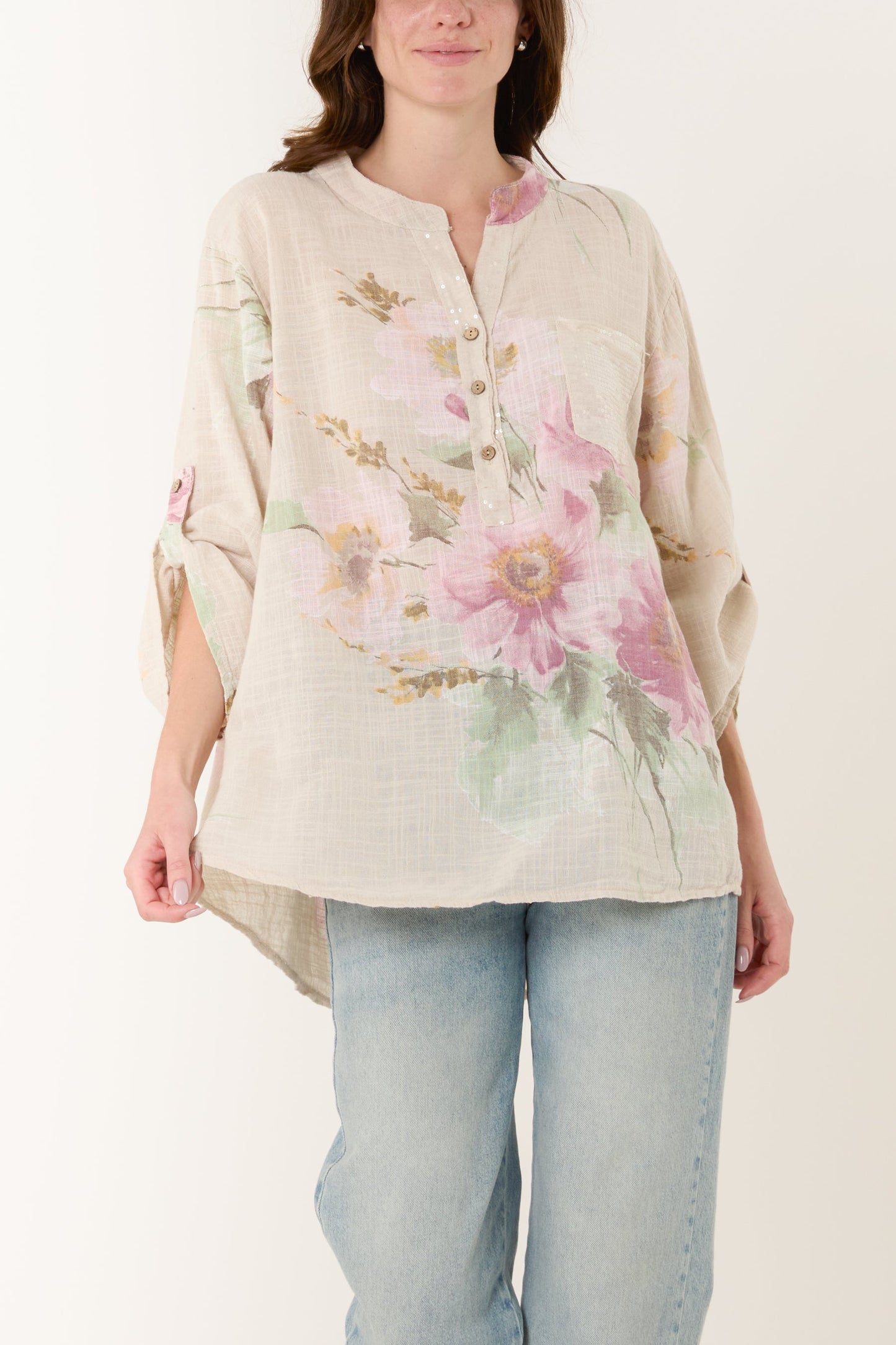 Floral Sequin Pocket Cotton Blouse