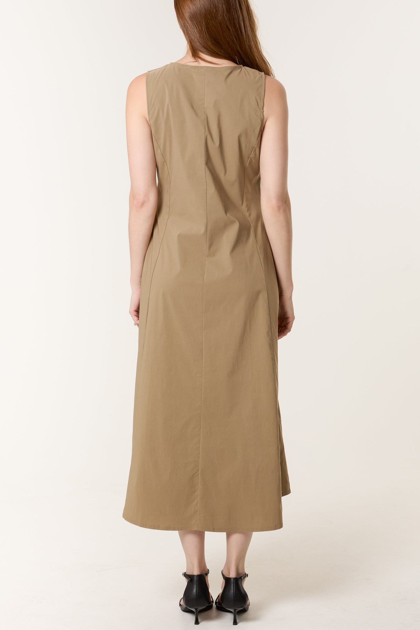 Sleeveless Stretch Pockets Midi Dress
