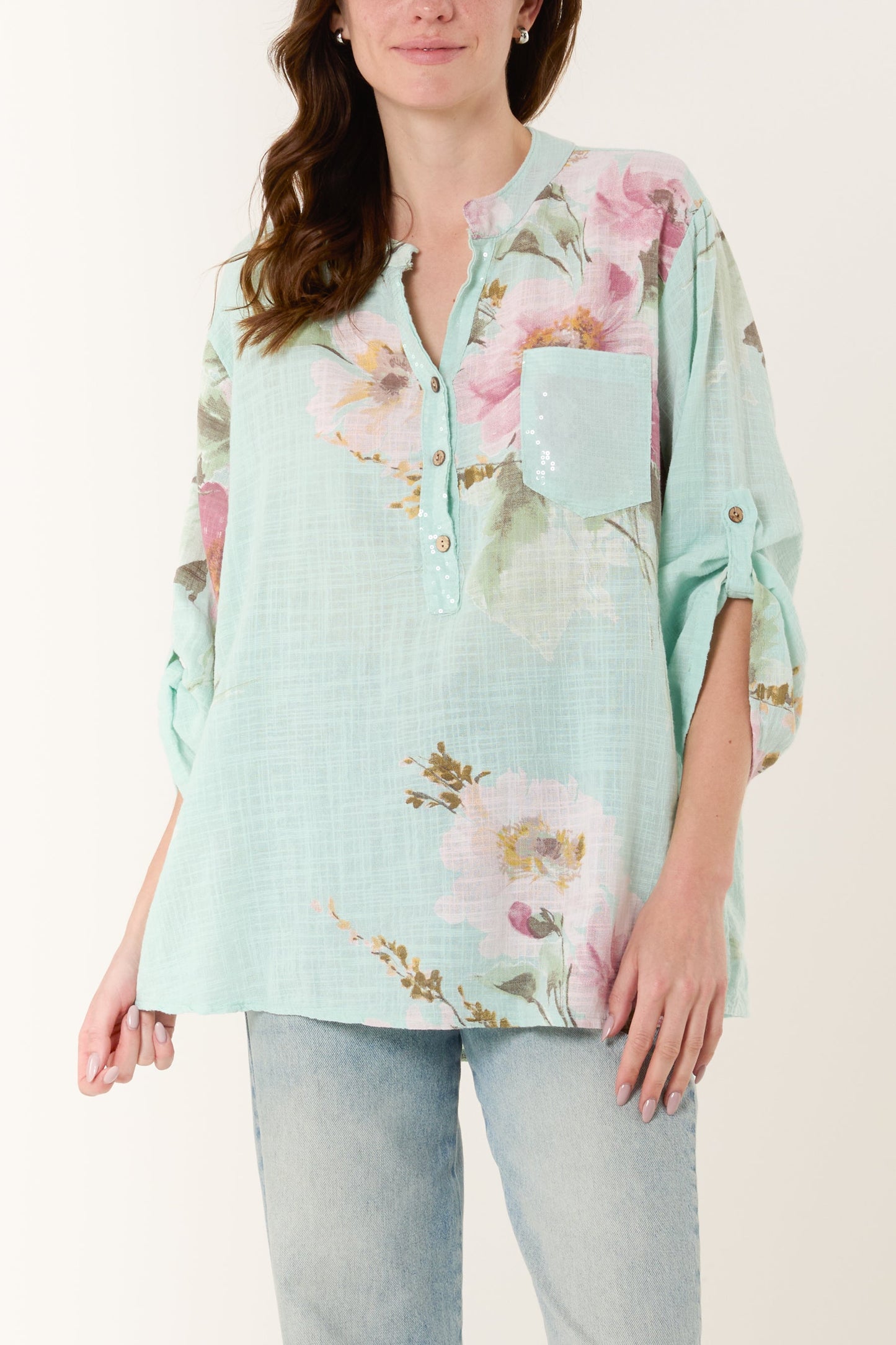 Floral Sequin Pocket Cotton Blouse