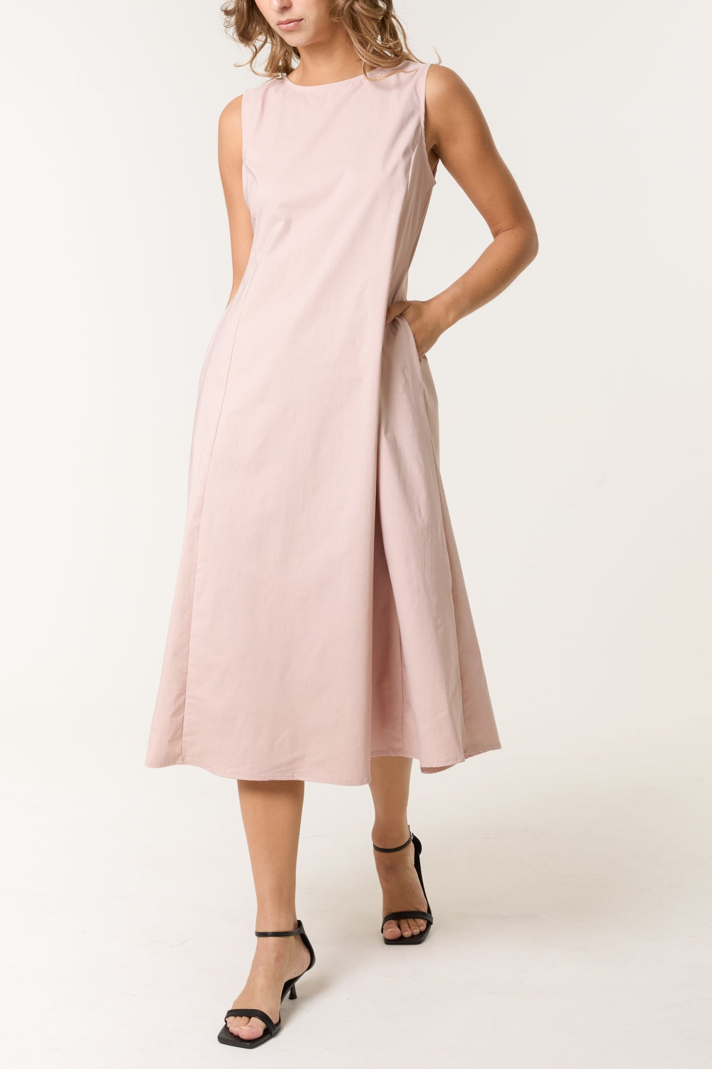 Sleeveless Stretch Pockets Midi Dress