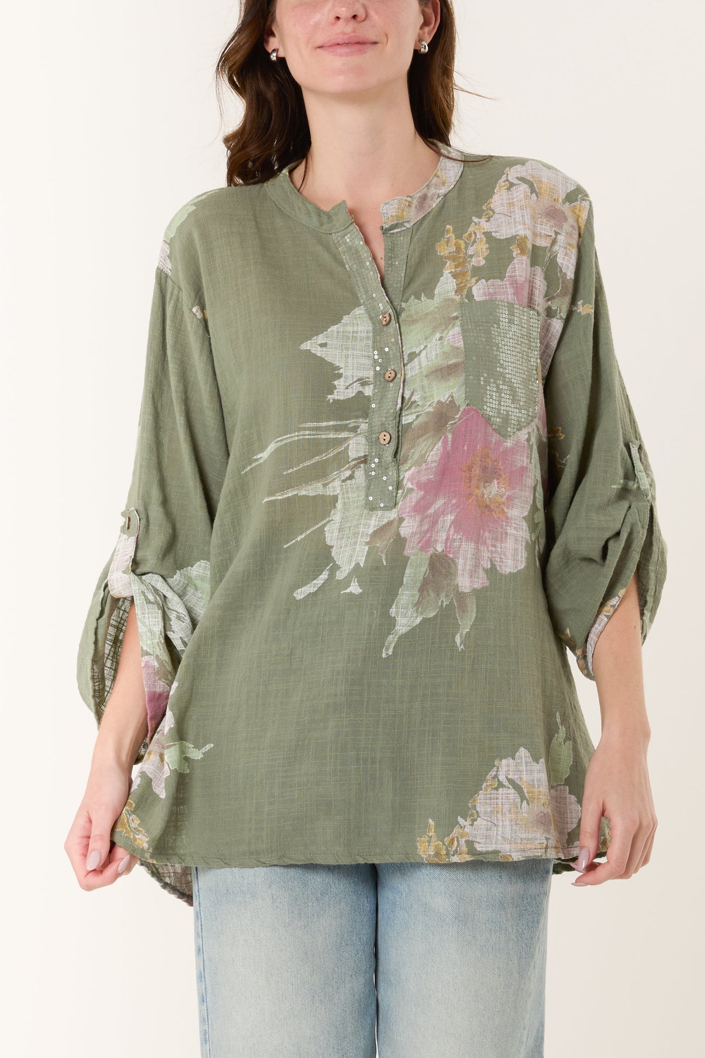 Floral Sequin Pocket Cotton Blouse