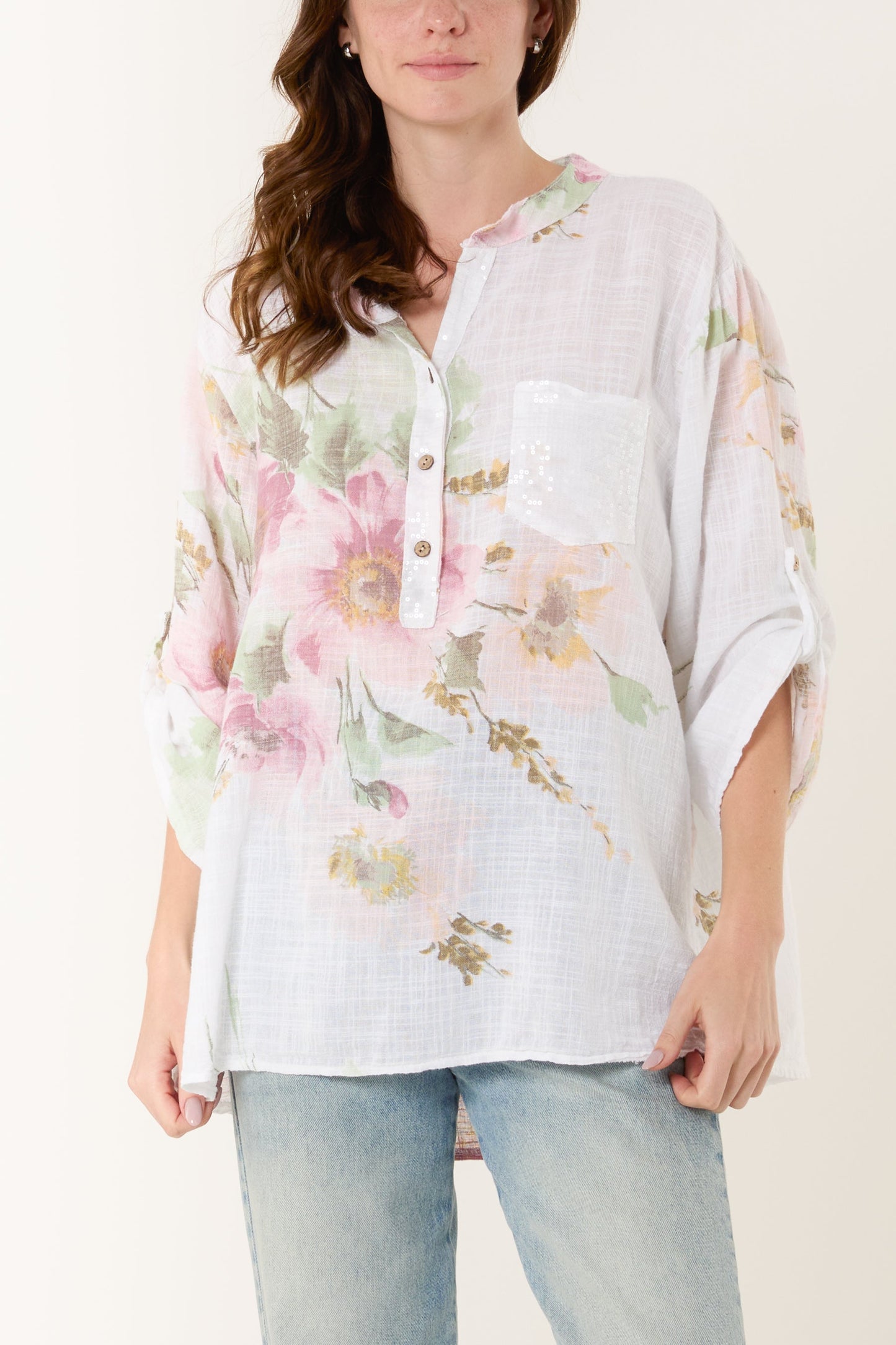 Floral Sequin Pocket Cotton Blouse