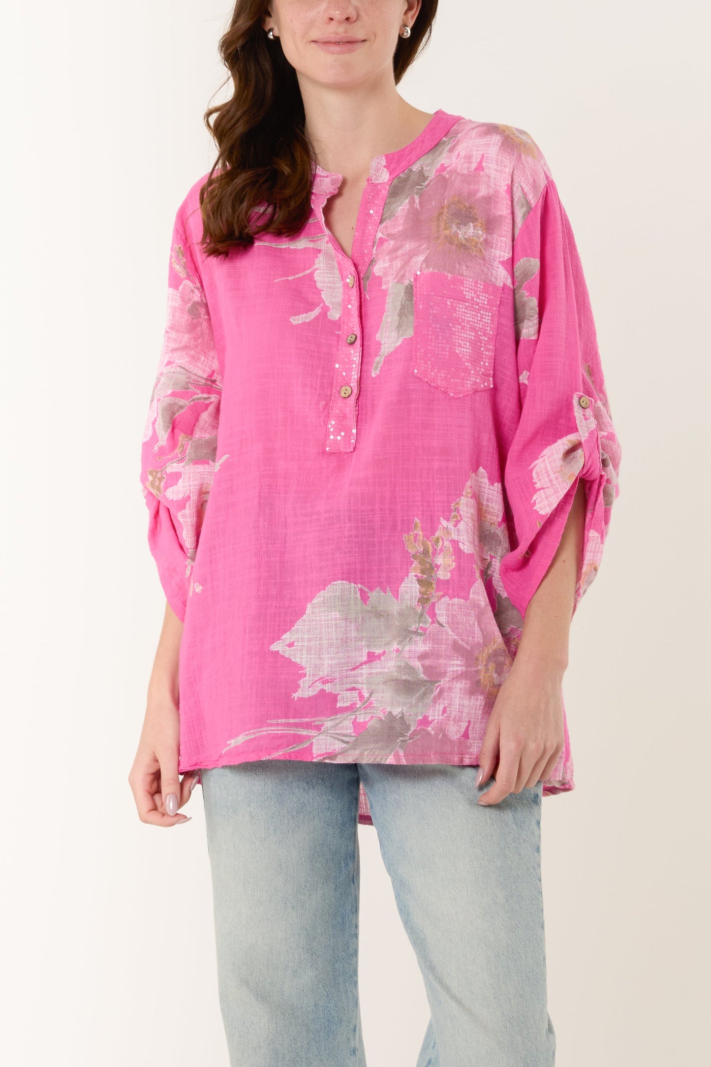 Floral Sequin Pocket Cotton Blouse