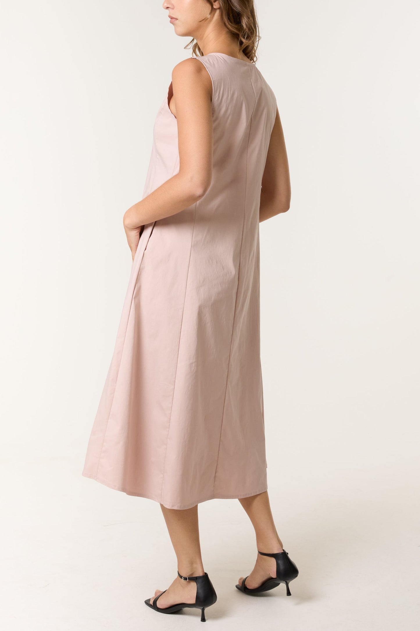 Sleeveless Stretch Pockets Midi Dress