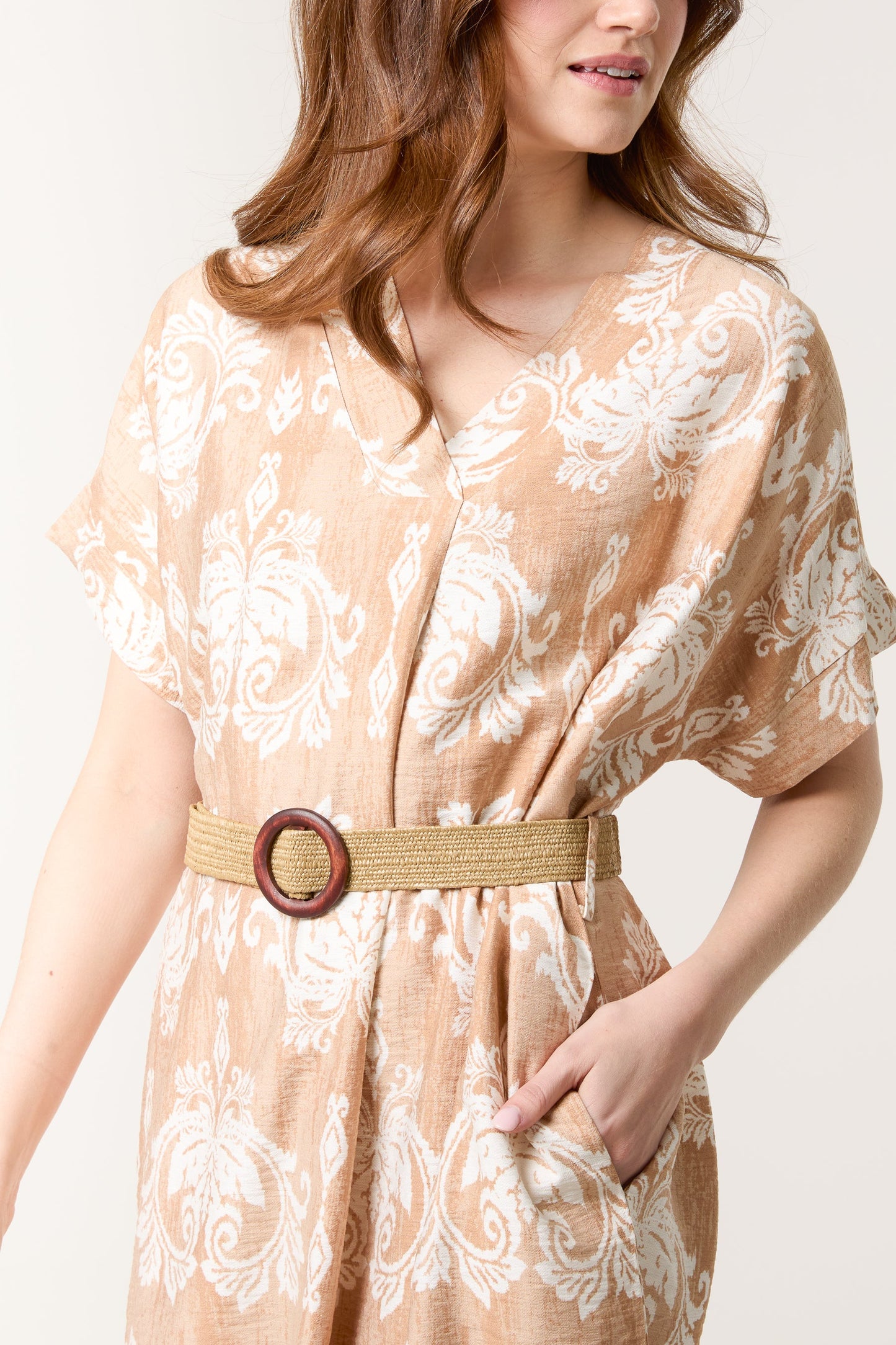 Damask Print Relaxed Dress w/ Belt