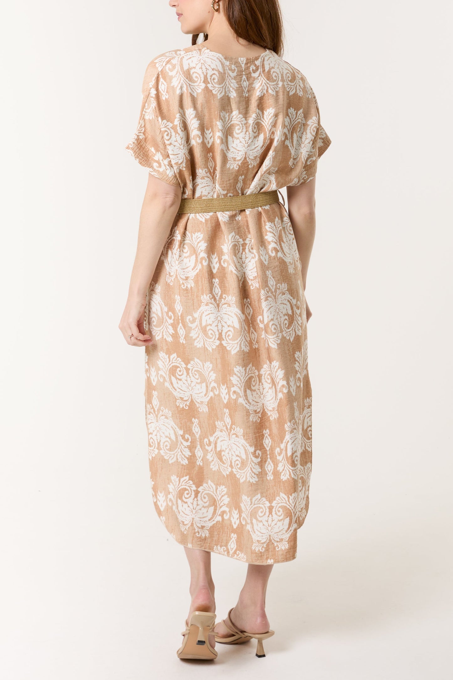 Damask Print Relaxed Dress w/ Belt