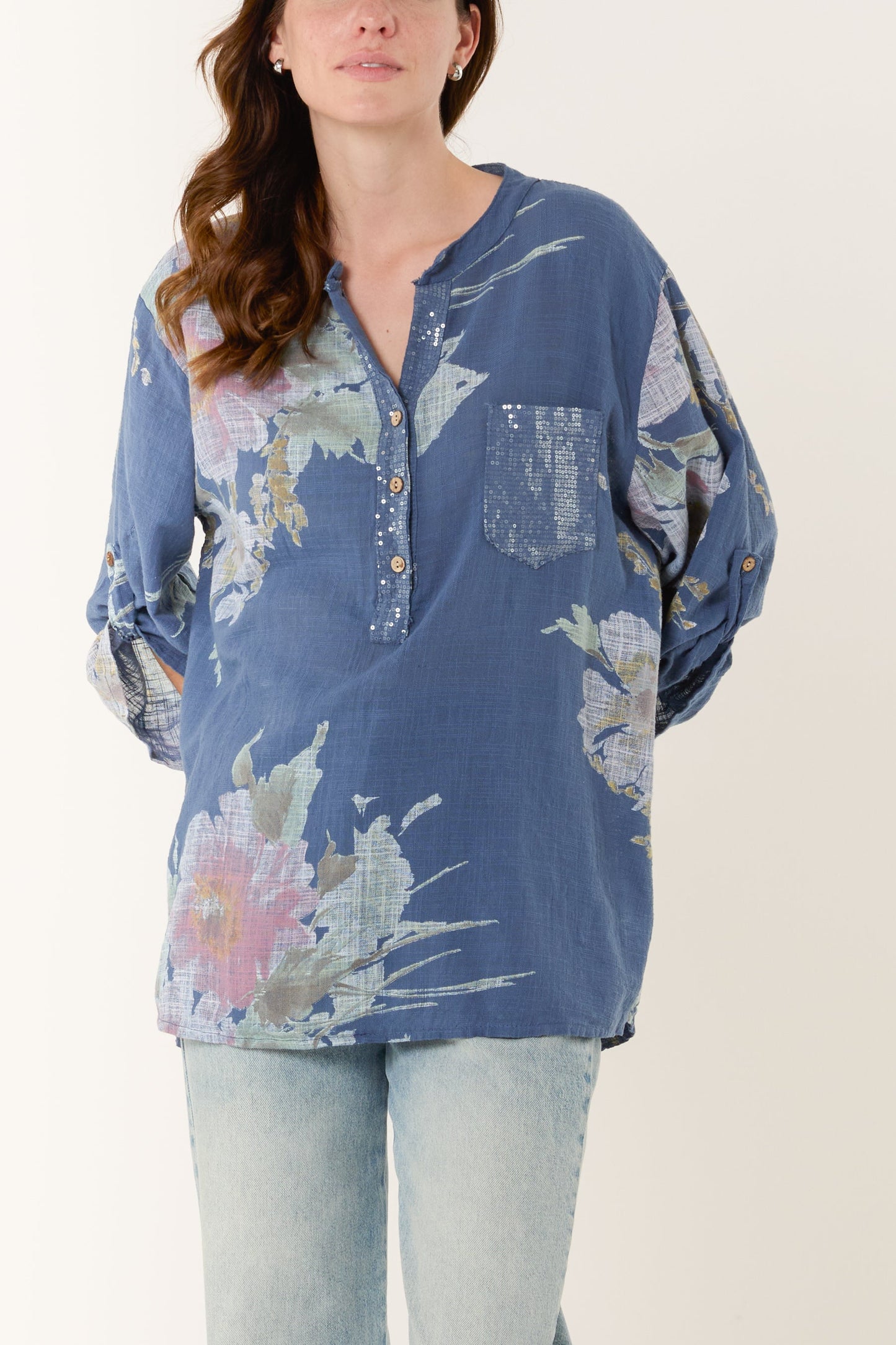 Floral Sequin Pocket Cotton Blouse