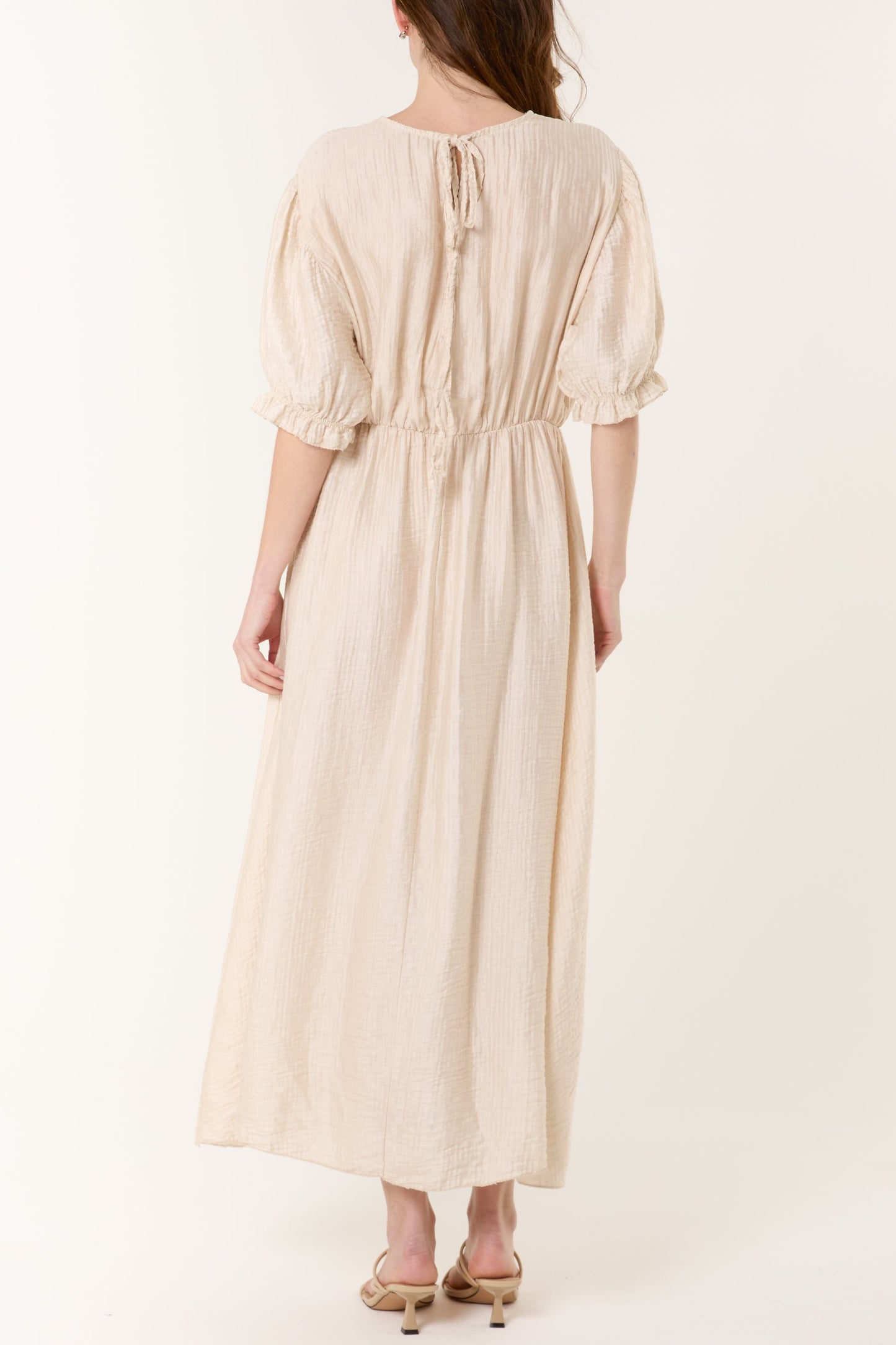 Puff Sleeve Crinkle Fabric Dress