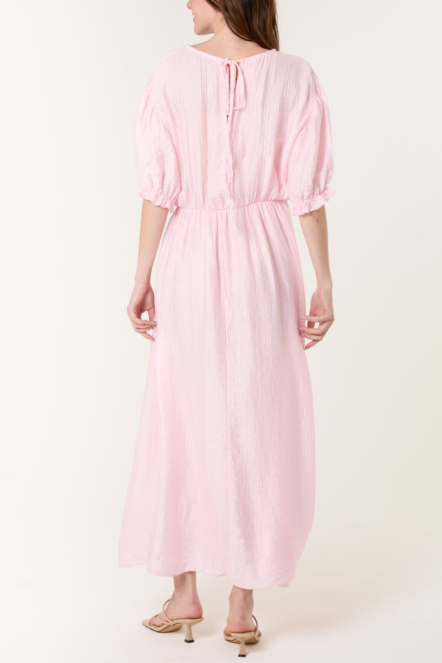 Puff Sleeve Crinkle Fabric Dress