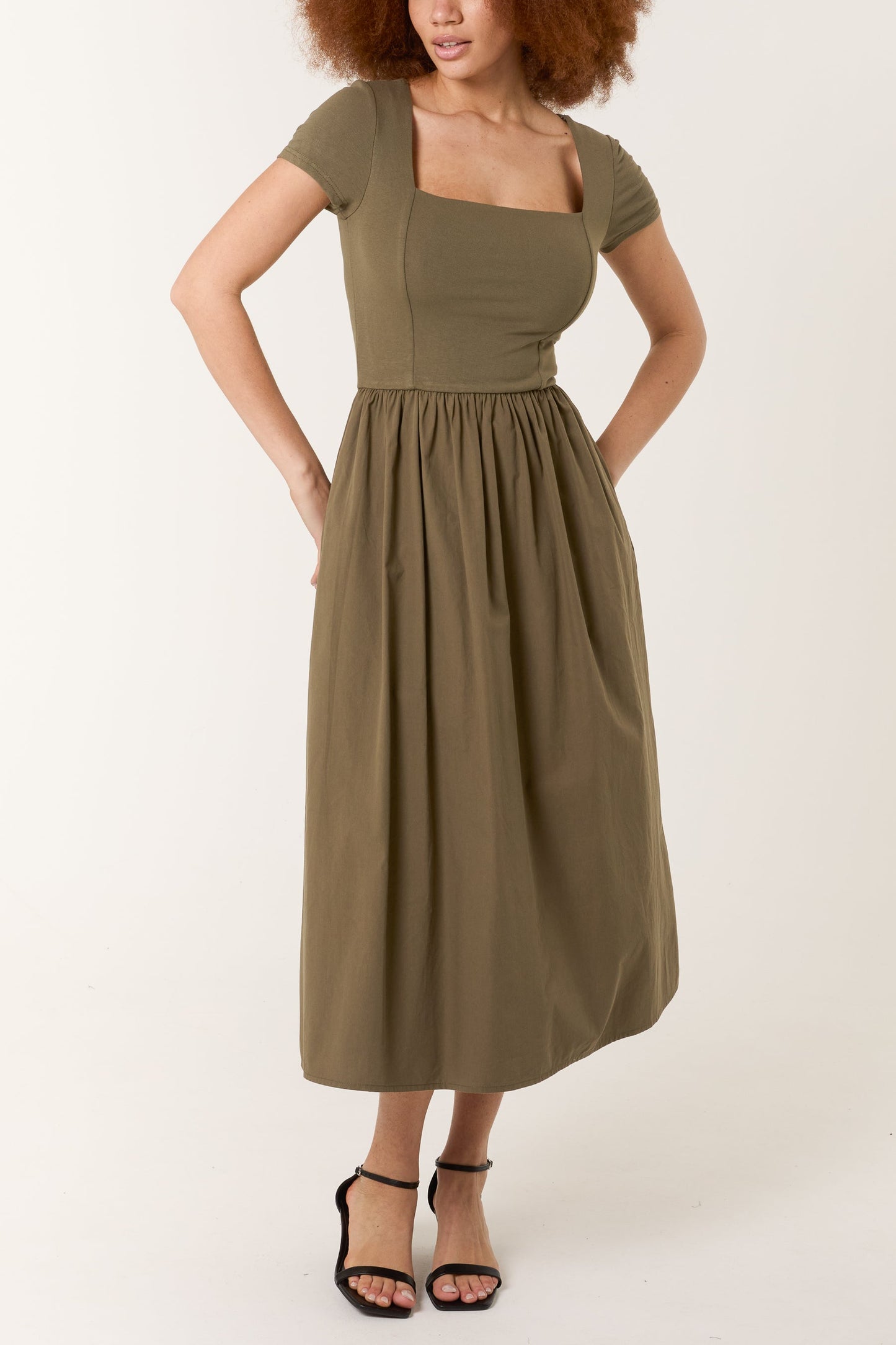 Square Neck Mix Fabric Midi Dress