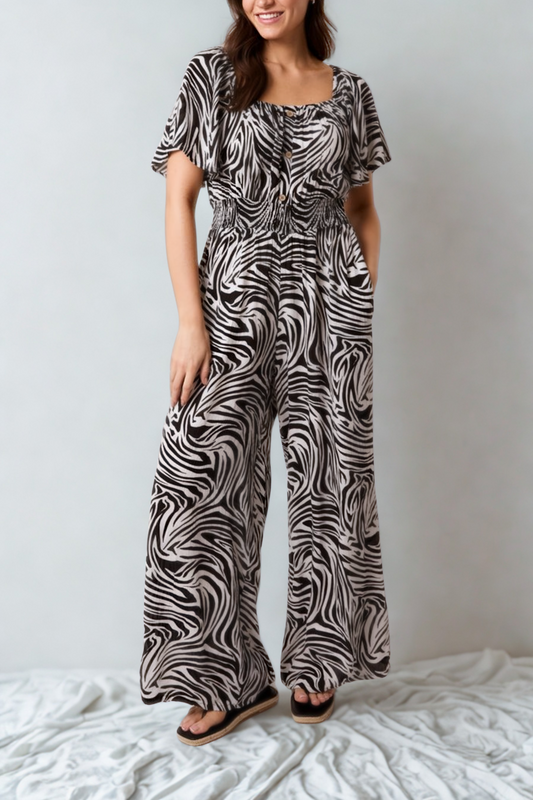 Zebra Print Shirred Waist Jumpsuit