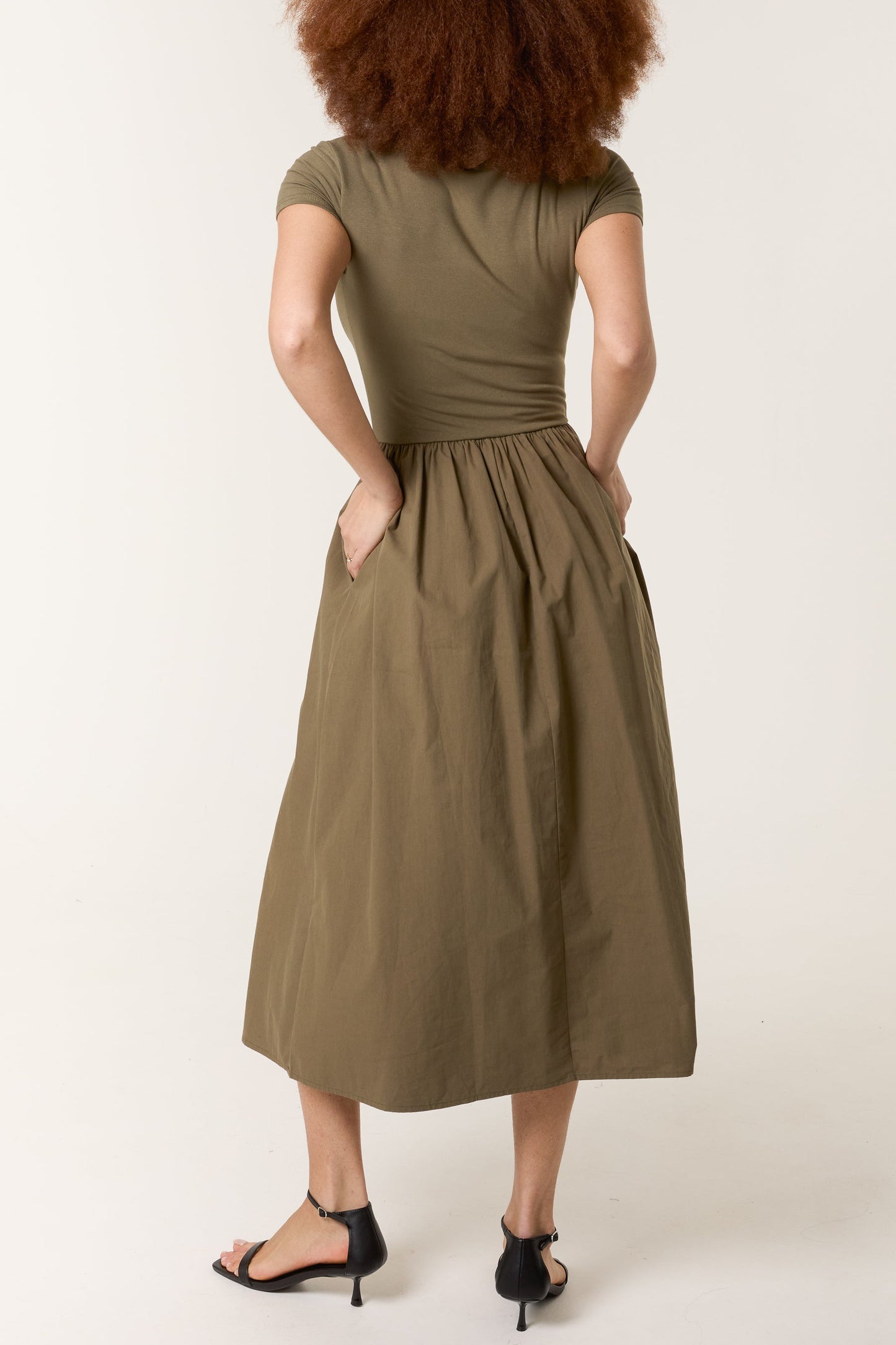 Square Neck Mix Fabric Midi Dress