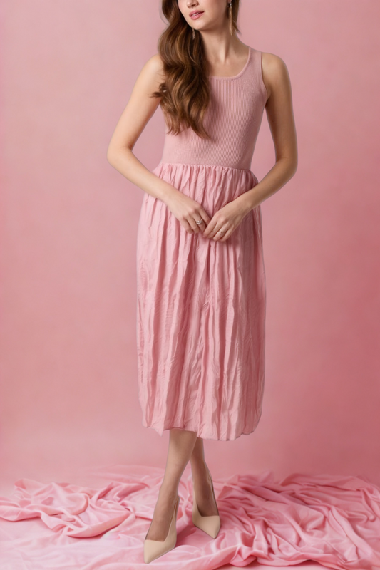 Round Neck Ribbed Top & Crinkled Dress