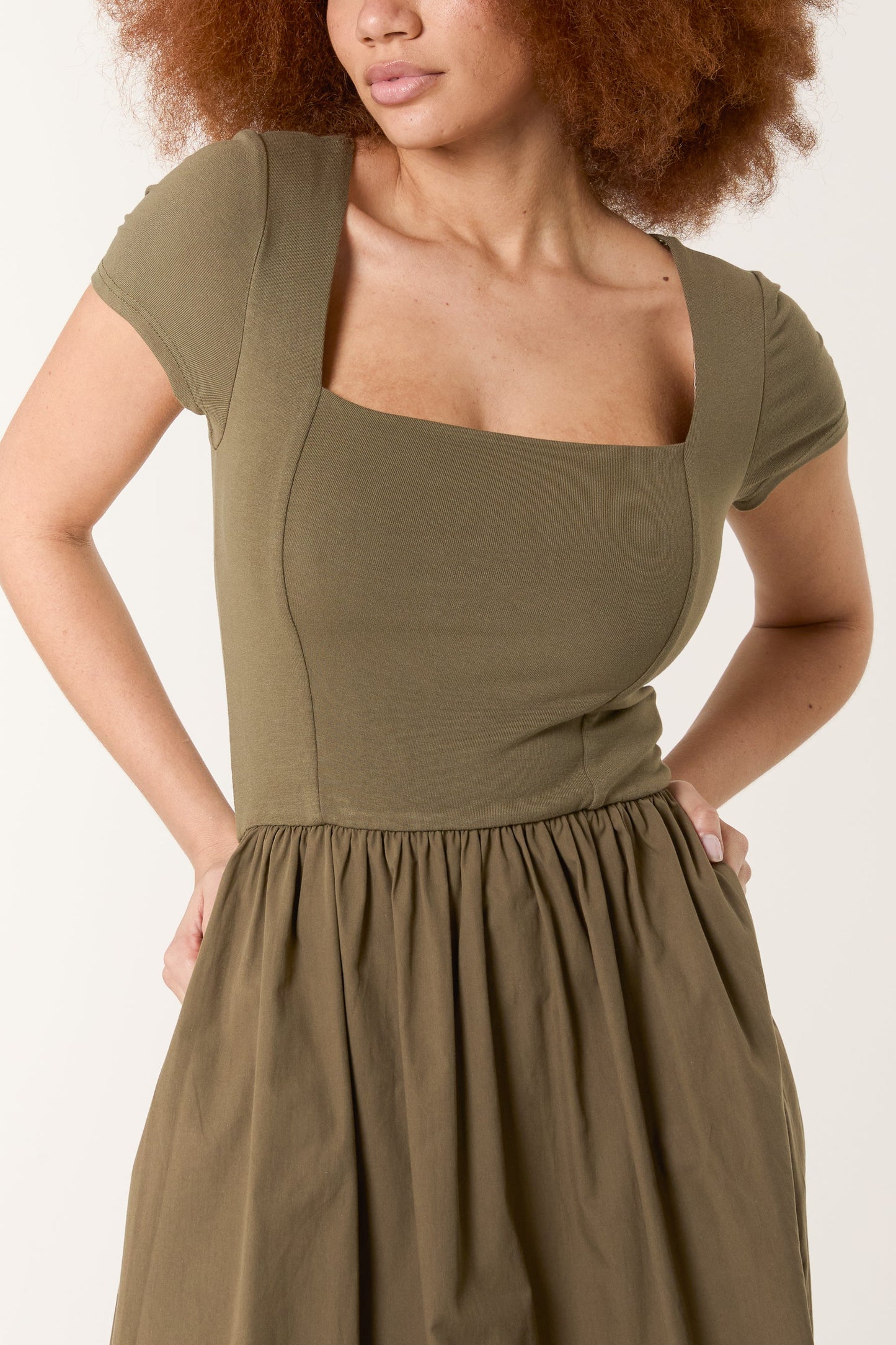 Square Neck Mix Fabric Midi Dress