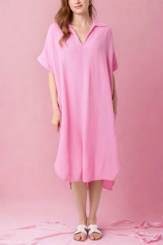 Open Collar Cheesecloth Pockets Dress