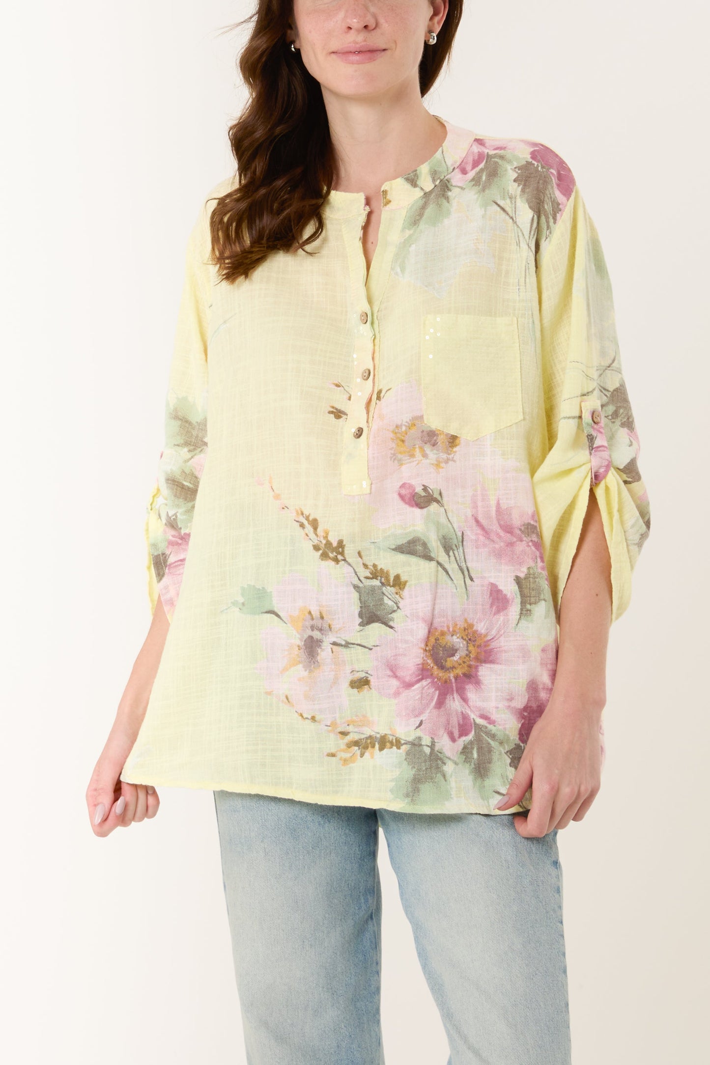 Floral Sequin Pocket Cotton Blouse