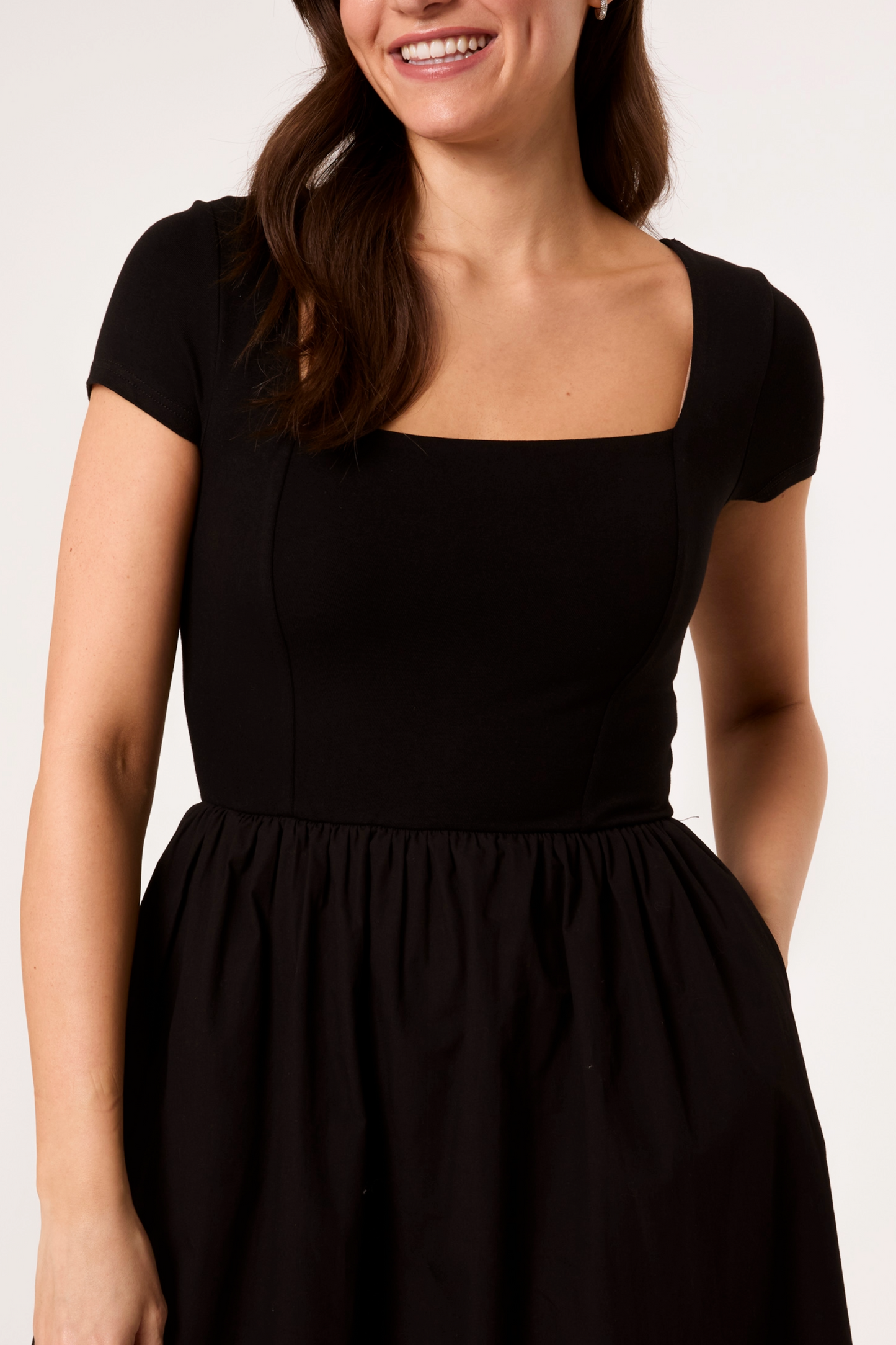 Square Neck Mix Fabric Midi Dress