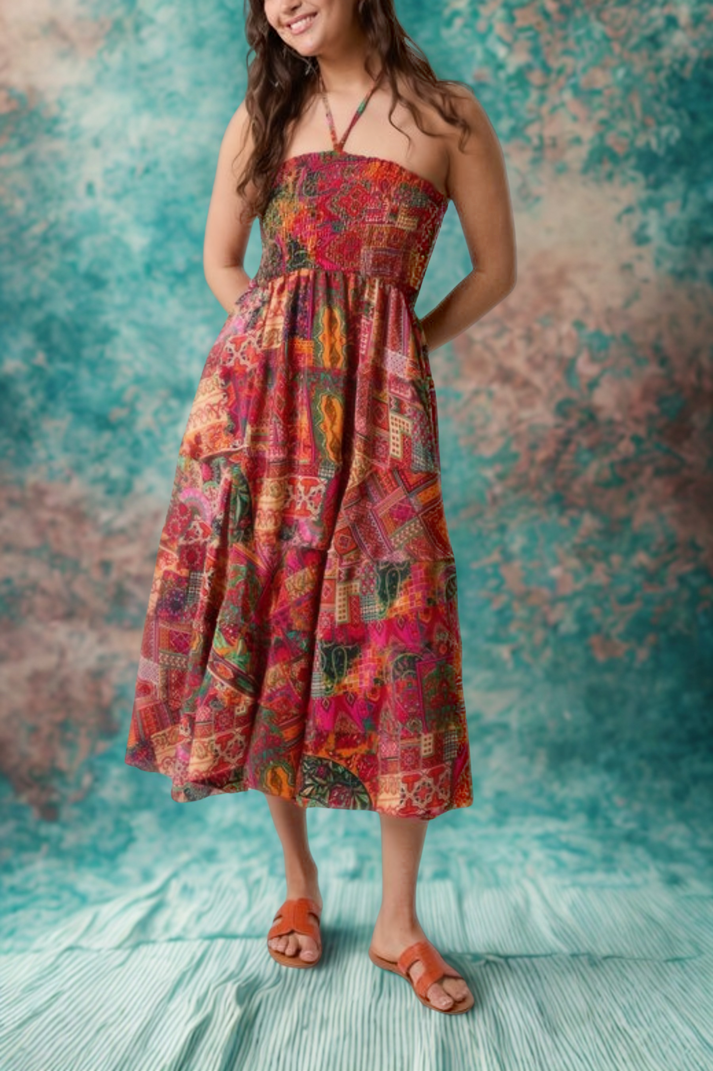 Mixed Print Artsilk Halterneck Dress