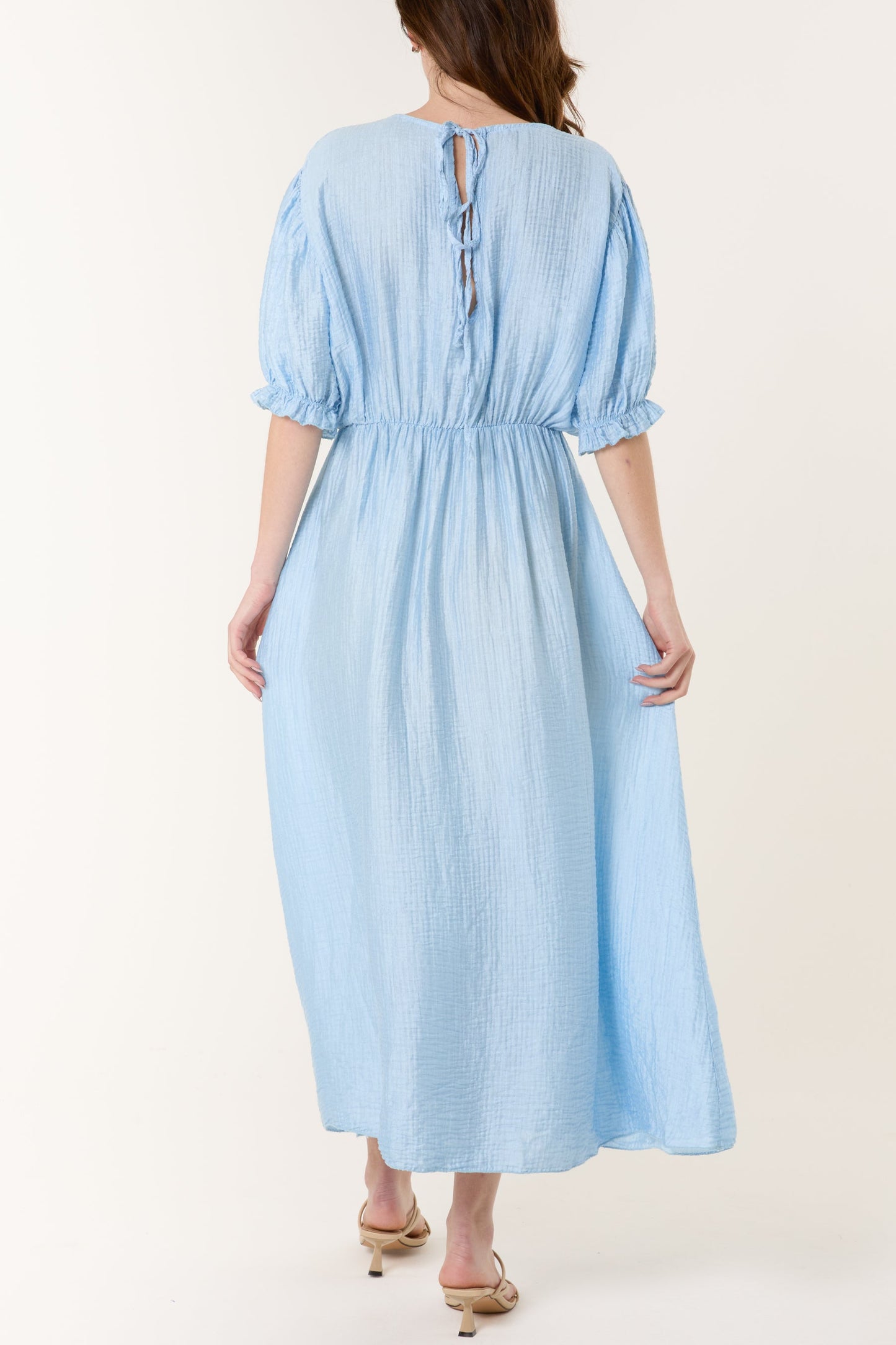 Puff Sleeve Crinkle Fabric Dress