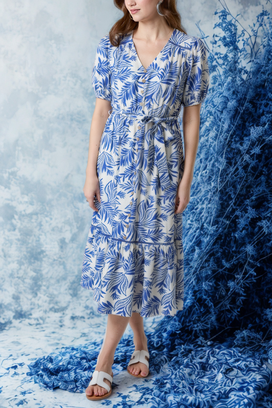Leaf Print Coconut Button Midi Dress
