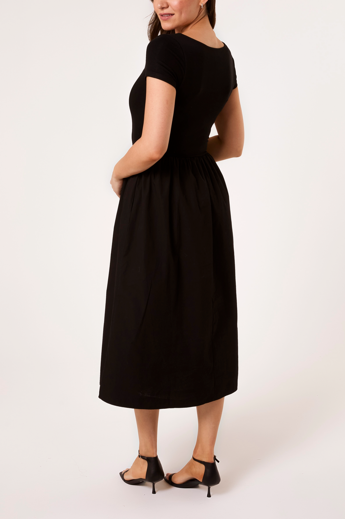 Square Neck Mix Fabric Midi Dress