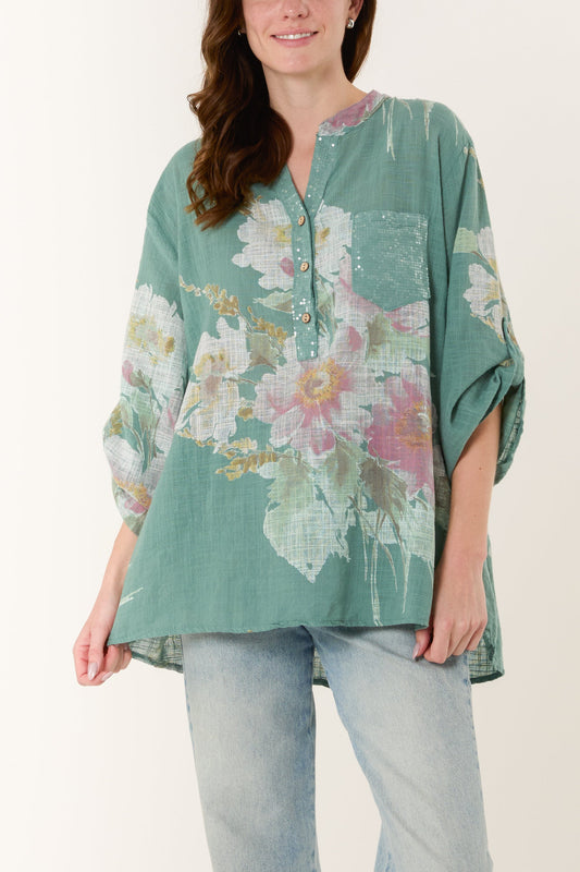 Floral Sequin Pocket Cotton Blouse