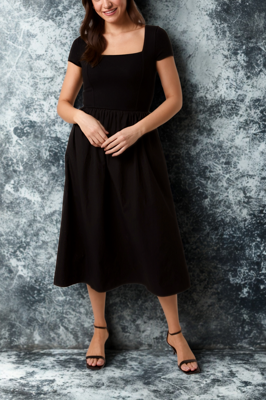Square Neck Mix Fabric Midi Dress